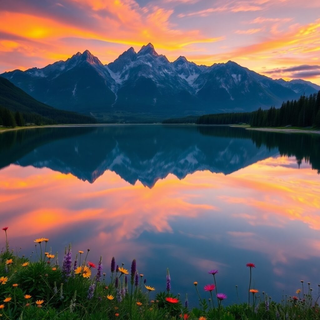 Tranquil Lake Reflecting Mountain Peaks – free AI stock image