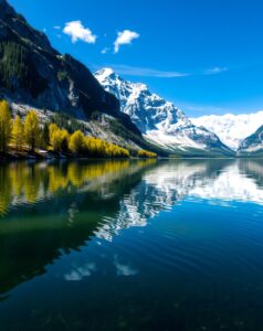 Tranquil Lake Reflecting Mountain Peaks – free AI stock image