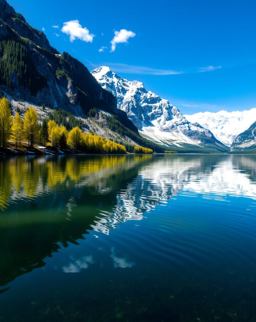 Tranquil Lake Reflecting Mountain Peaks – free AI stock image