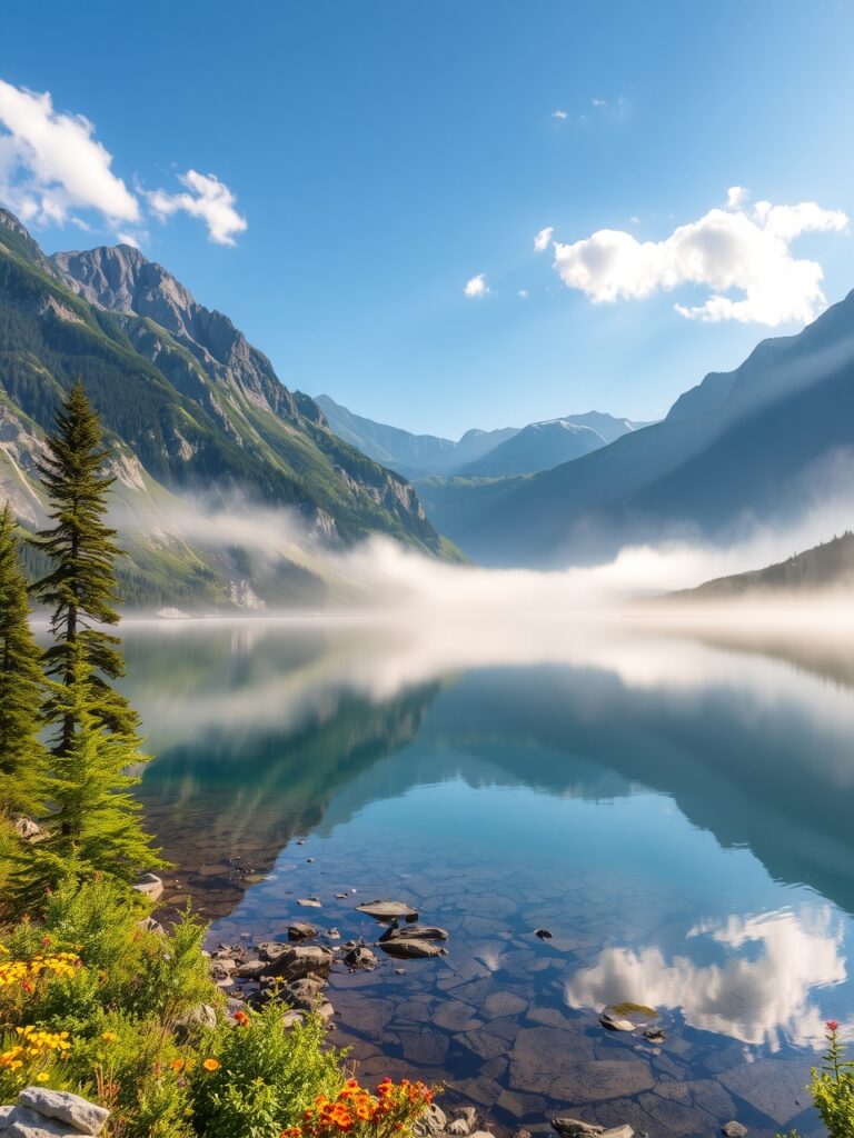 Tranquil Lake Reflecting Mountain Peaks – free AI stock image