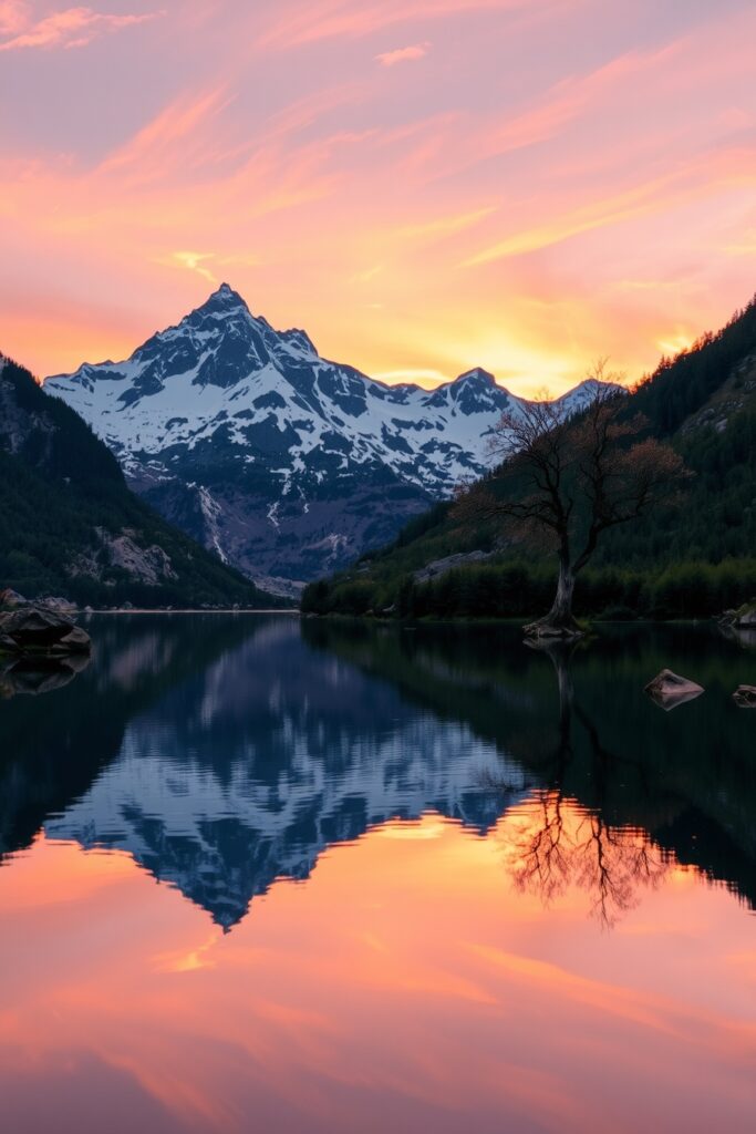 Tranquil Lake Reflecting Mountains at Sunset – free AI stock image