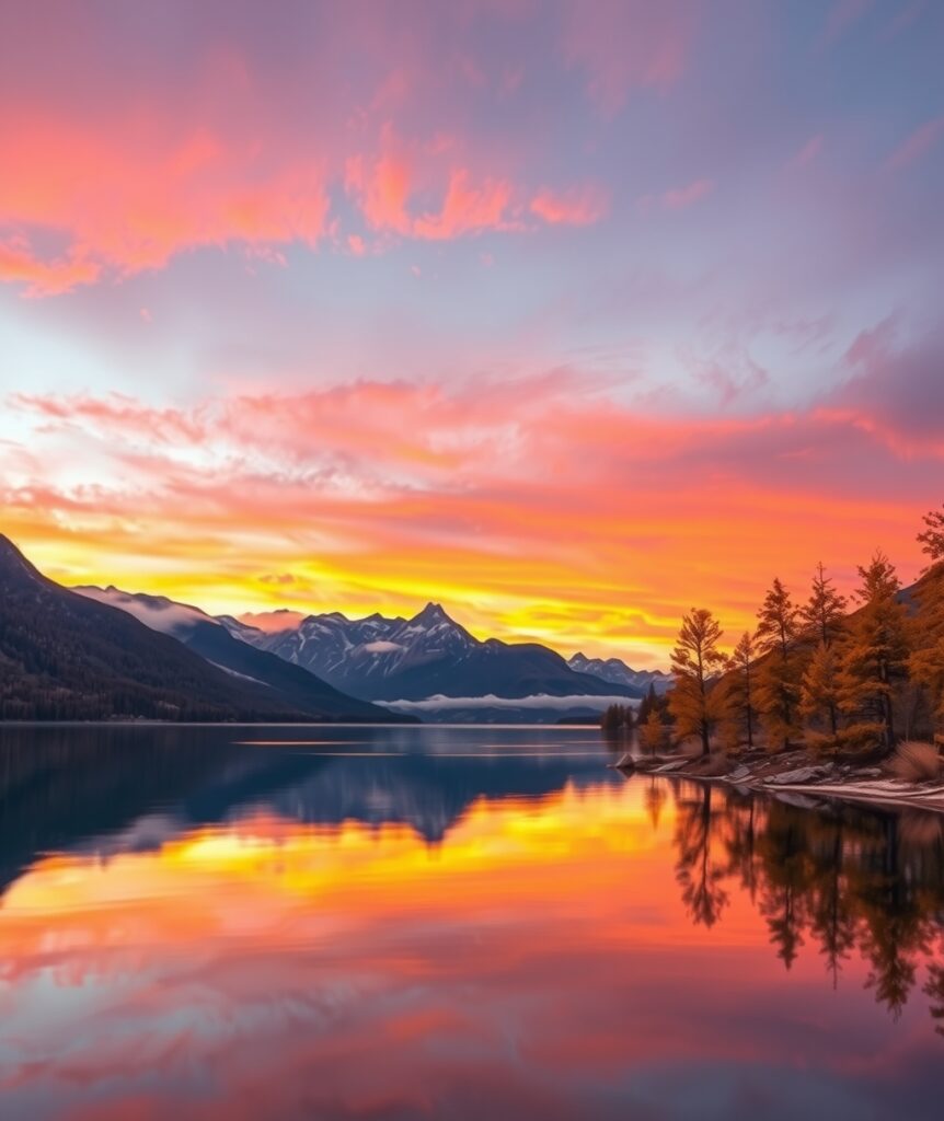 Tranquil Lake Reflecting Mountains at Sunset – free AI stock image