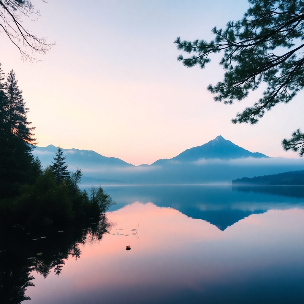 A Tranquil Lake Reflecting Mountains at Dawn – free AI stock image
