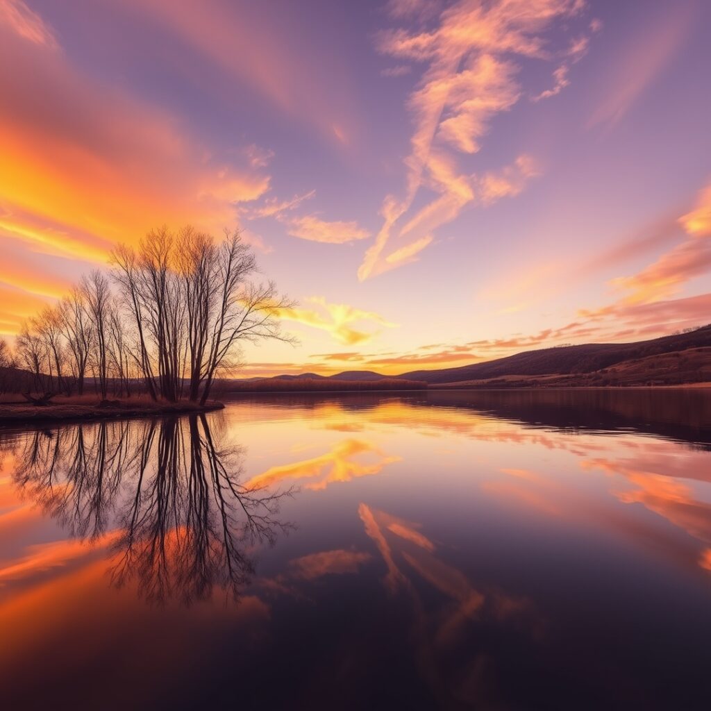 A Tranquil Lake Reflecting the Sunset – free AI stock image