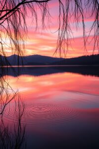 Tranquil Lake Reflecting Sunset Colors – free AI stock image