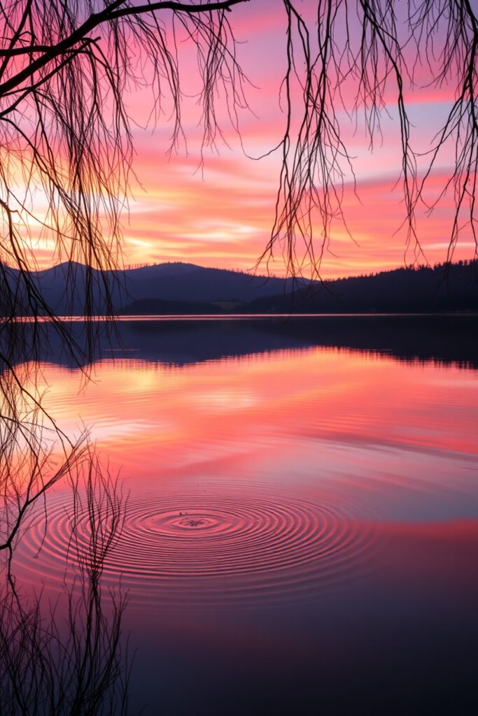 Tranquil Lake Reflecting Sunset Colors – free AI stock image