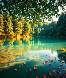 Tranquil Lake Reflecting Surrounding Forest – free AI stock image