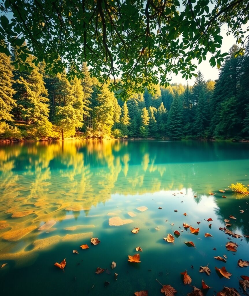 Tranquil Lake Reflecting Surrounding Forest – free AI stock image