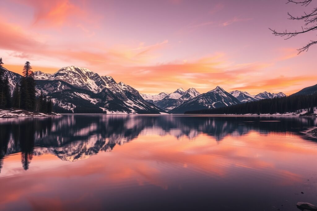 Tranquil Lake Reflecting Surrounding Mountains – free AI stock image