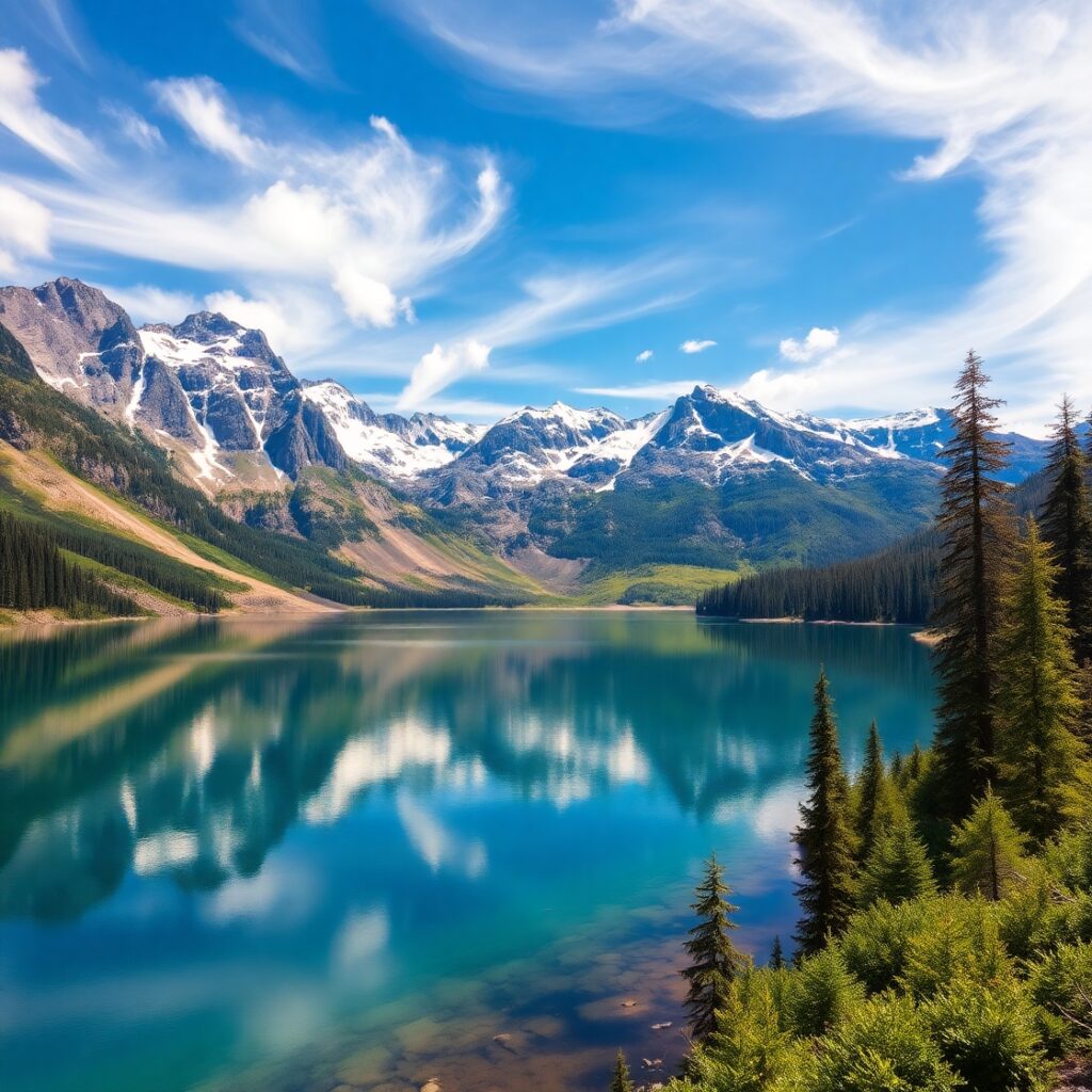 Tranquil Lake Reflecting Surrounding Mountains – free AI stock image