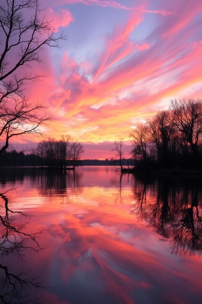 Tranquil Lake Reflection at Sunset – free AI stock image