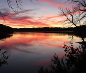 Tranquil Lake Reflections at Sunset – free AI stock image