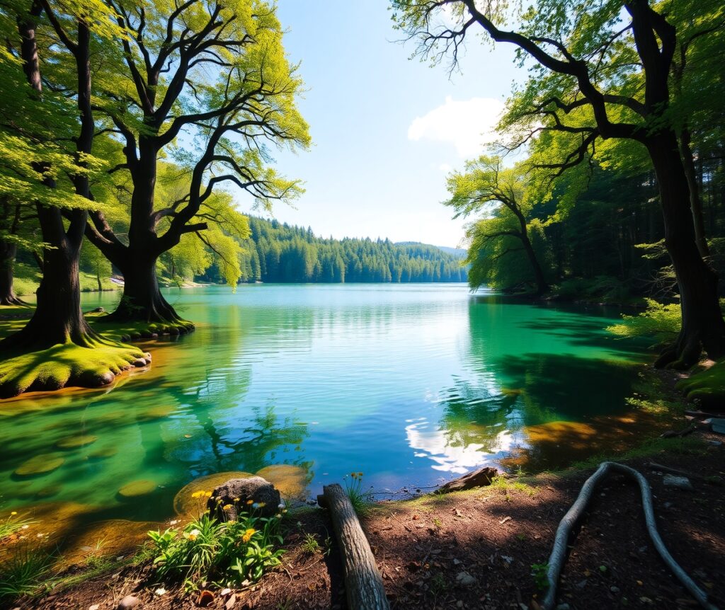 Tranquil Lake Surrounded by Lush Forest – free AI stock image