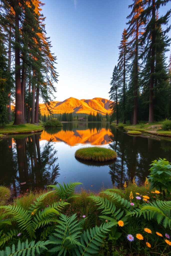Tranquil Lake Surrounded by Lush Forest – free AI stock image