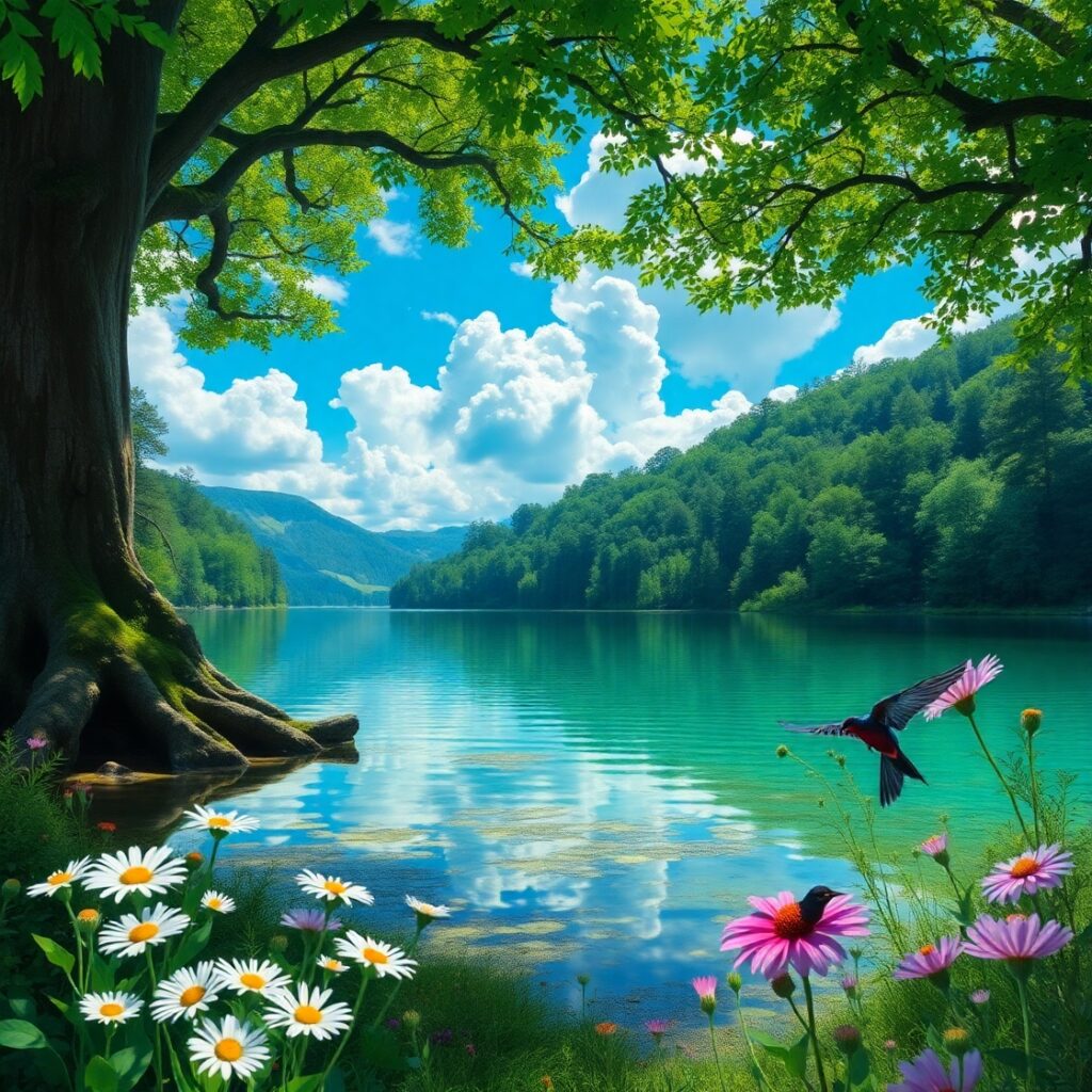 Tranquil Lake Surrounded by Lush Forests – free AI stock image