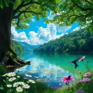 Tranquil Lake Surrounded by Lush Forests – free AI stock image