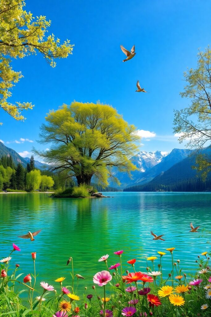 Tranquil Lake Surrounded by Lush Forests – free AI stock image