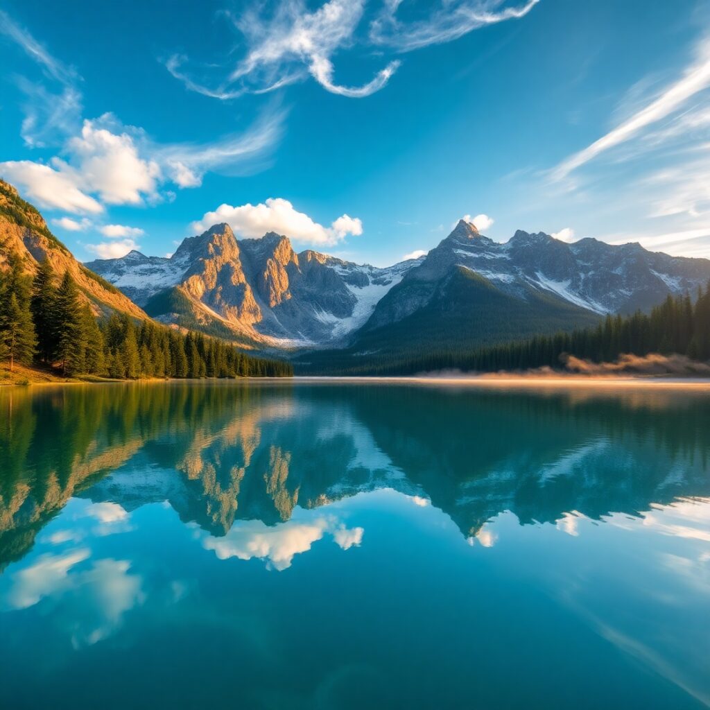 Tranquil Lake Surrounded by Majestic Mountains – free AI stock image