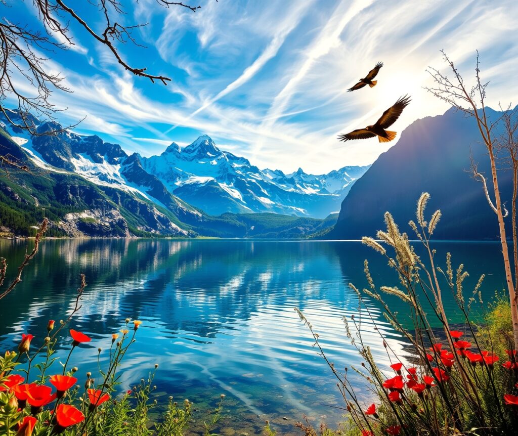 Tranquil Lake Surrounded by Majestic Mountains – free AI stock image