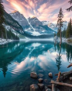 Tranquil Lake Surrounded by Majestic Mountains – free AI stock image