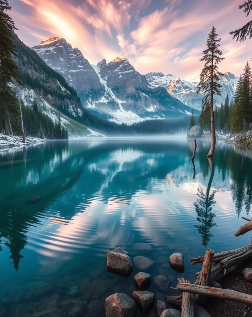 Tranquil Lake Surrounded by Majestic Mountains – free AI stock image
