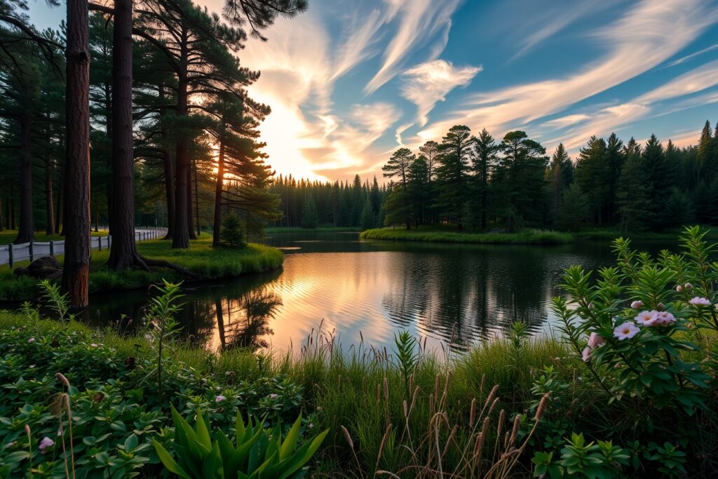 Tranquil Lake Surrounded by Majestic Pines – free AI stock image
