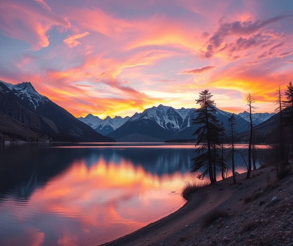 Tranquil Lake Under a Reflective Sky – free AI stock image