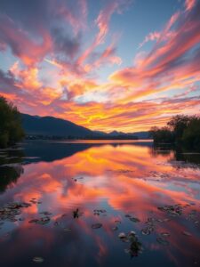 Tranquil Lake Under a Reflective Sunset – free AI stock image
