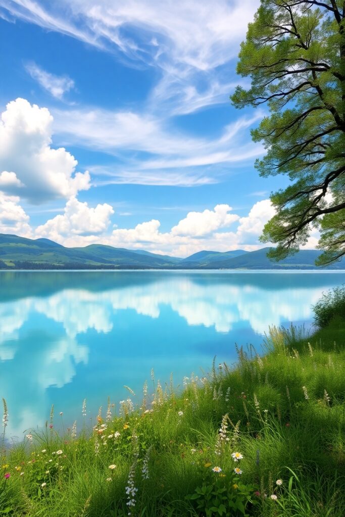 Tranquil Lake Under a Serene Sky – free AI stock image