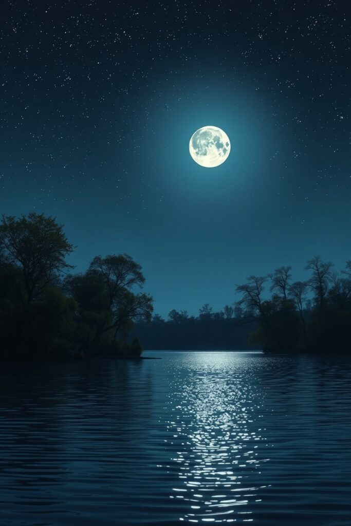 Tranquil Lake Under Moonlight Reflection – free AI stock image