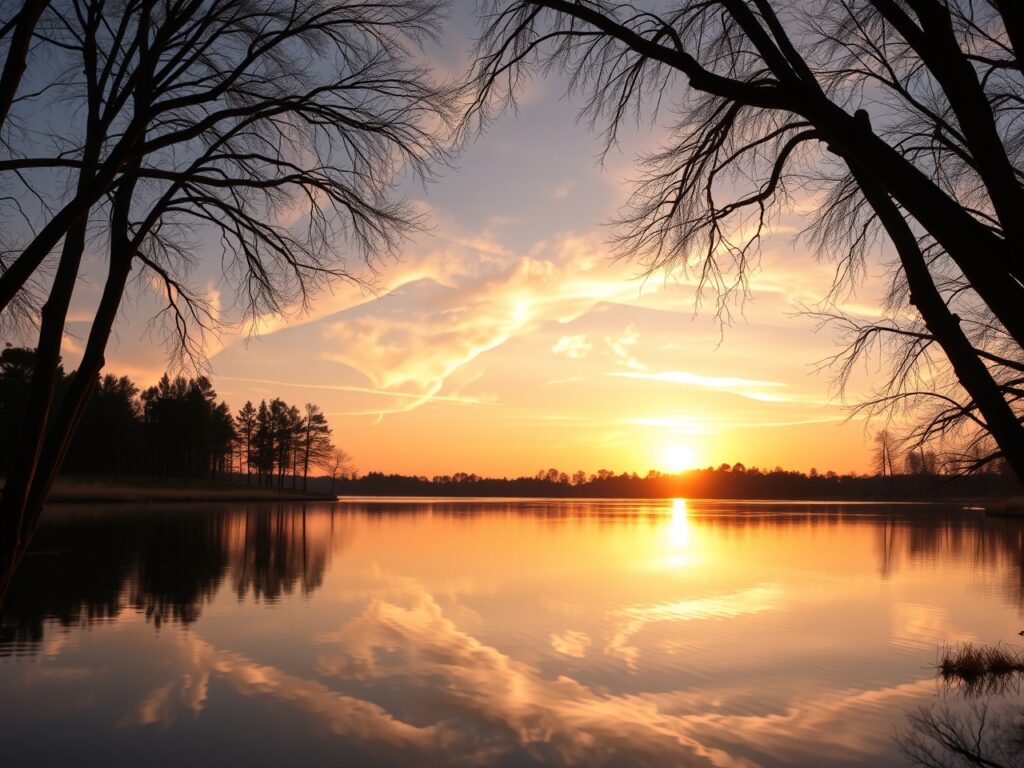 Tranquil Lake with Glassy Water Reflection – free AI stock image