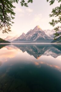 Tranquil Lake with Majestic Mountain Reflection – free AI stock image
