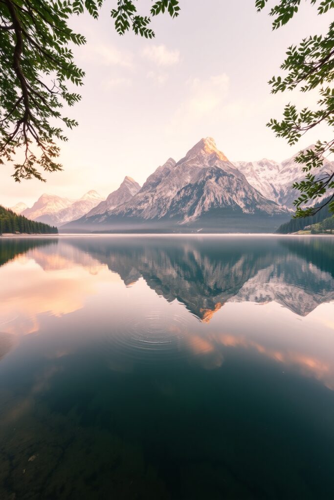 Tranquil Lake with Majestic Mountain Reflection – free AI stock image