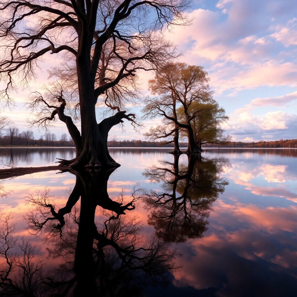 Tranquil Lake with Mirror-Like Reflections – free AI stock image