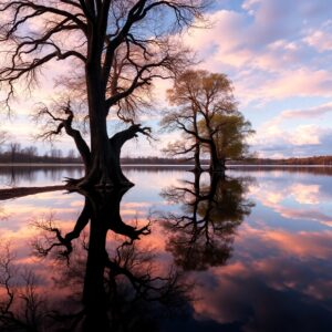 Tranquil Lake with Mirror-Like Reflections – free AI stock image