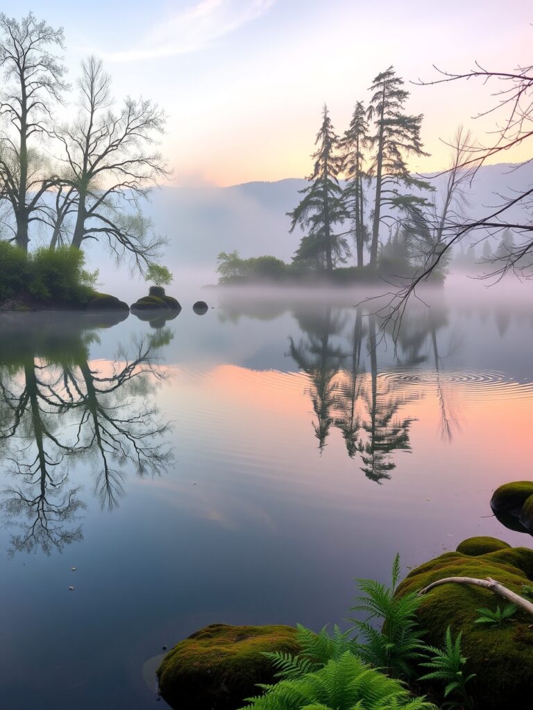 Tranquil Lake with Misty Reflections – free AI stock image