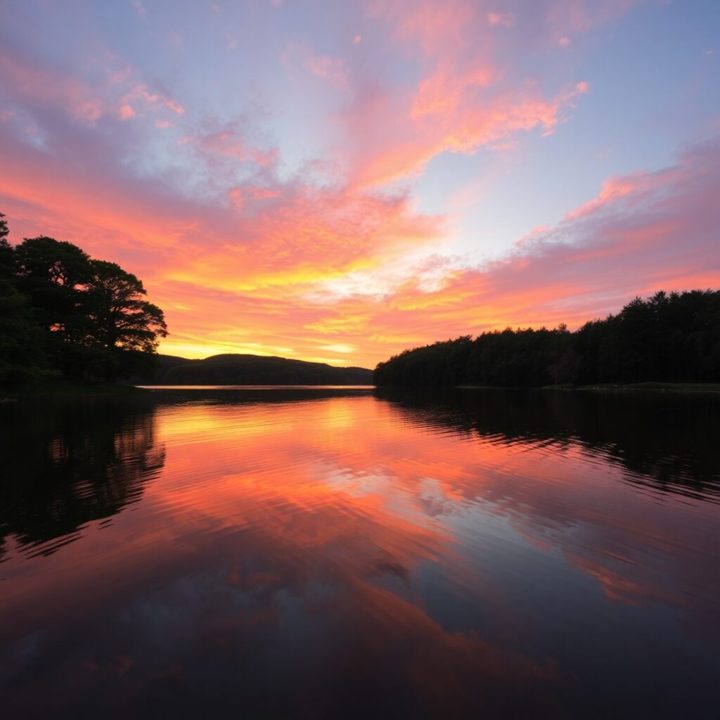 Tranquil Lake with Reflective Water Surface – free AI stock image