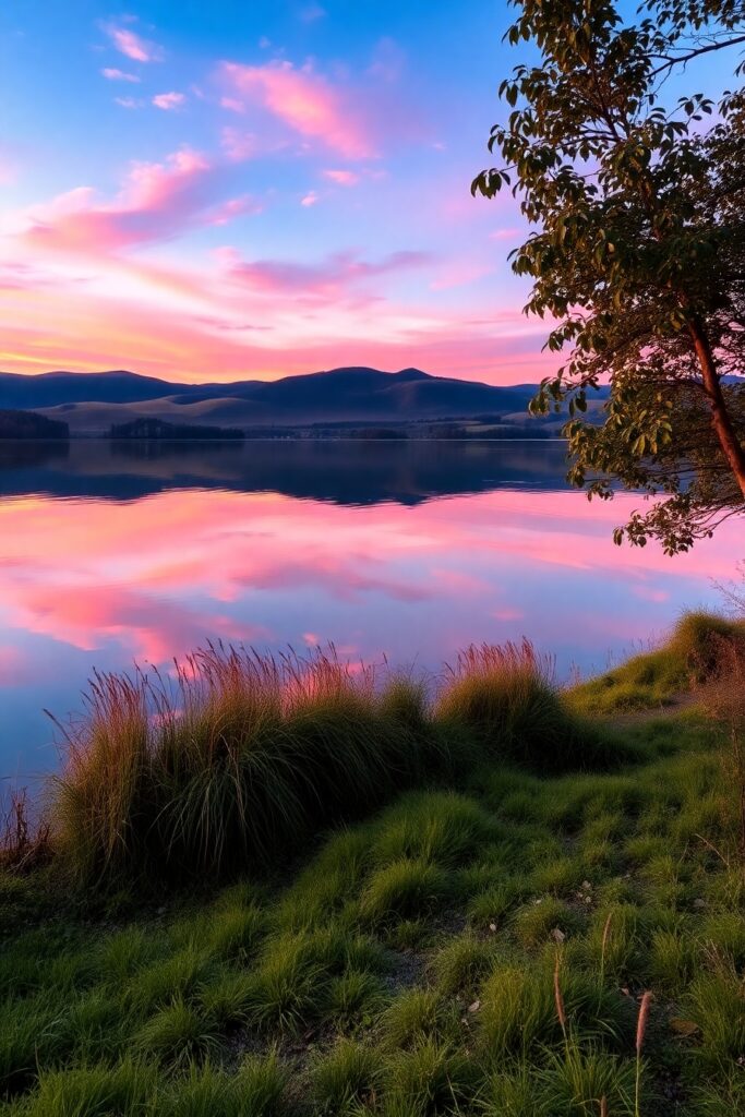 Tranquil Lake with Still Reflections – free AI stock image
