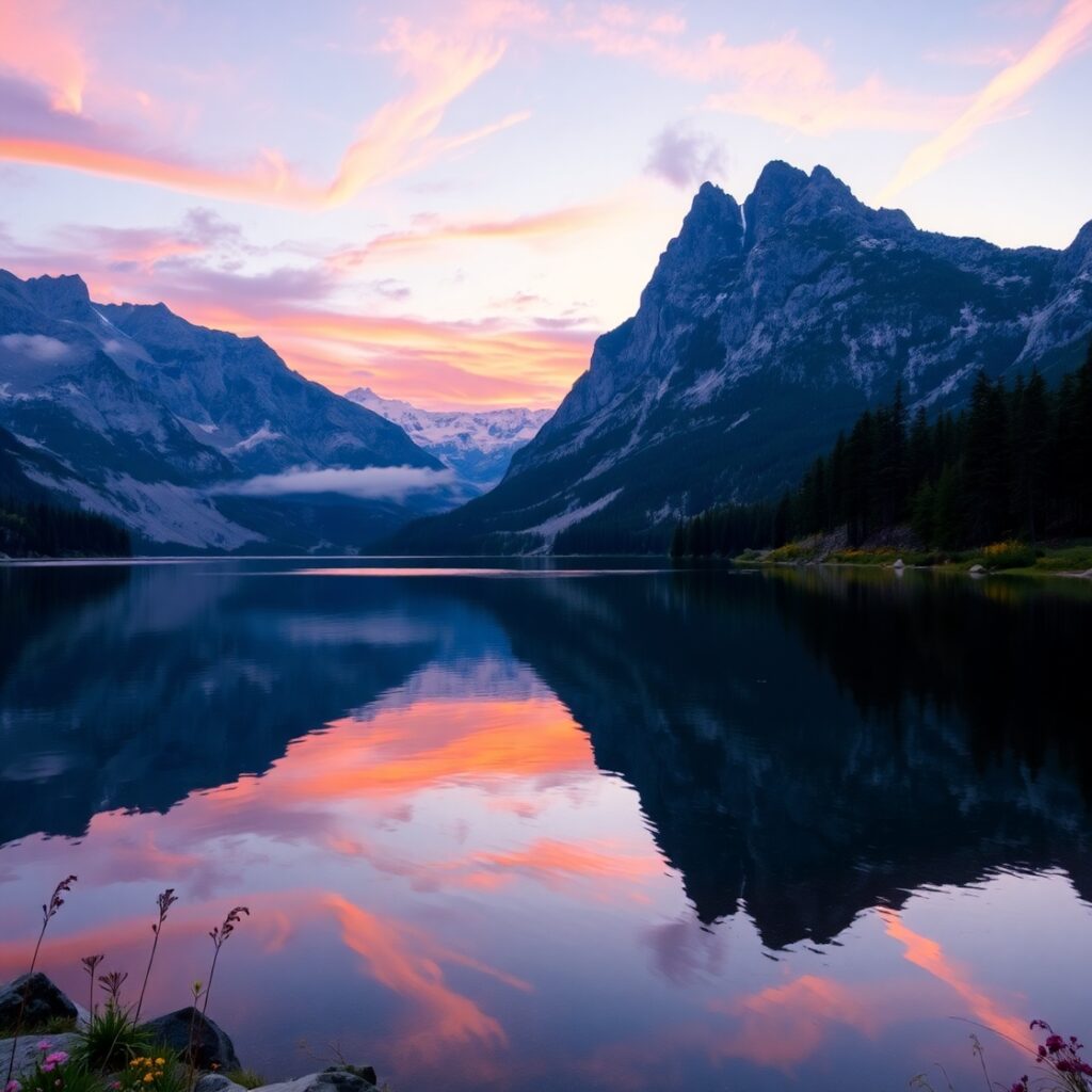 Tranquil Lake with Surrounding Mountains at Dusk – free AI stock image