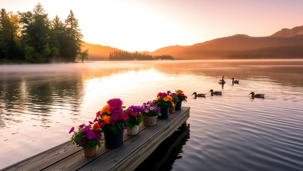 Tranquil Lakeside at Dawn – free AI stock image
