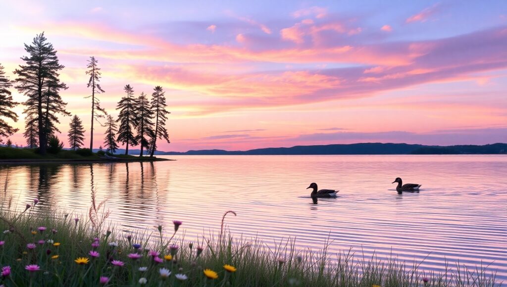 Tranquil Lakeside at Dusk – free AI stock image