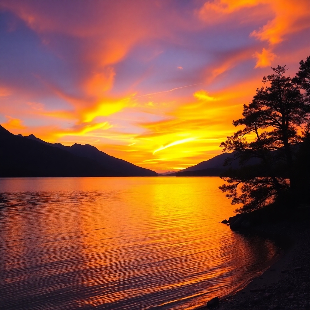 Tranquil Lakeside at Sunset – free AI stock image