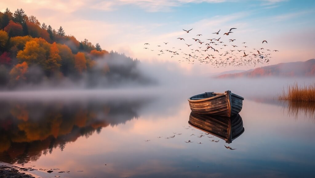 Tranquil Lakeside Dawn Scene – free AI stock image
