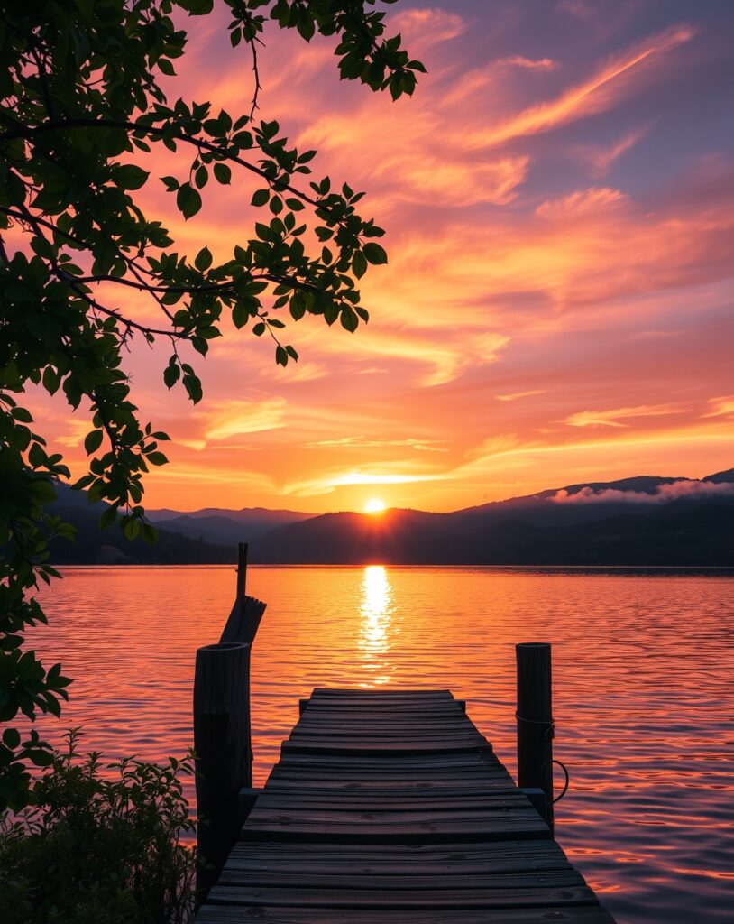 Tranquil Lakeside Escape at Sunset – free AI stock image