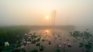 Tranquil Lotus Pond at Sunrise – free AI stock image
