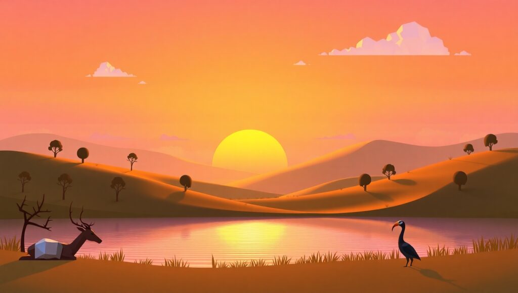 Tranquil Low-Poly Sunset Landscape – free AI stock image