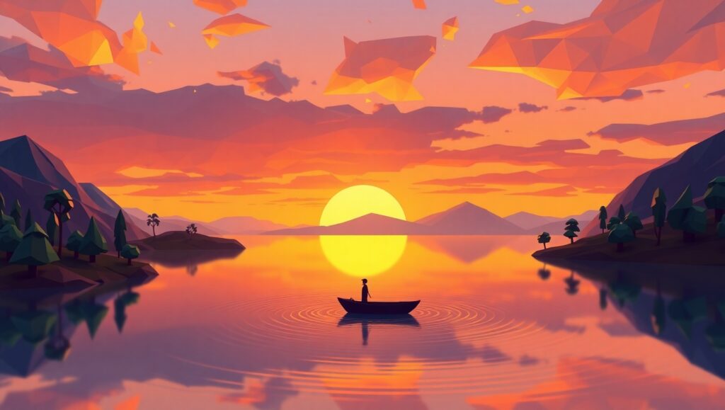 Tranquil Low-Poly Sunset Landscape – free AI stock image