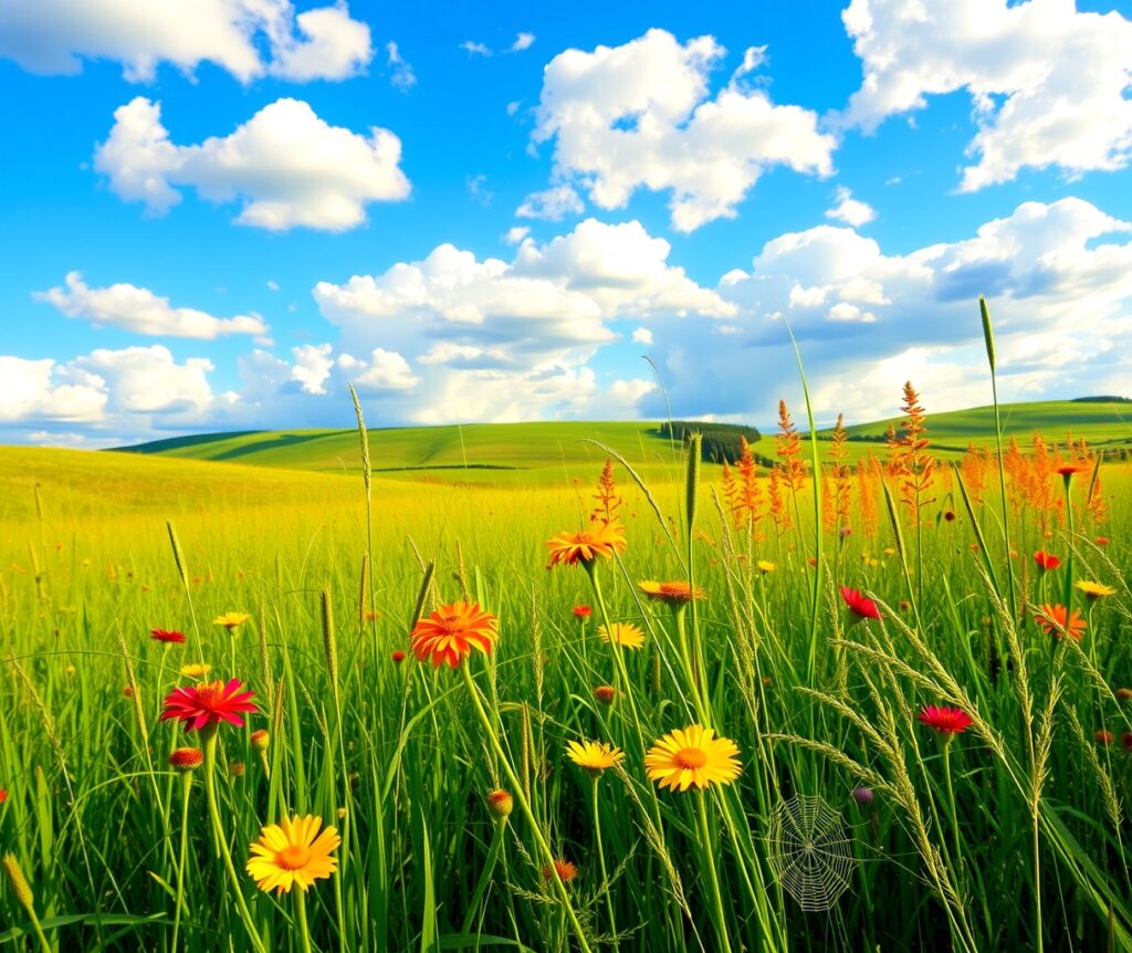 Tranquil Meadow Under a Bright Blue Sky – free AI stock image