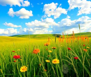 Tranquil Meadow Under a Bright Blue Sky – free AI stock image