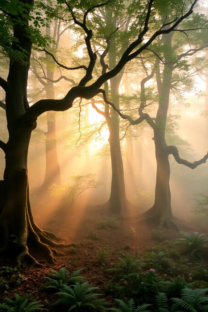 Tranquil Misty Forest Background – free AI stock image